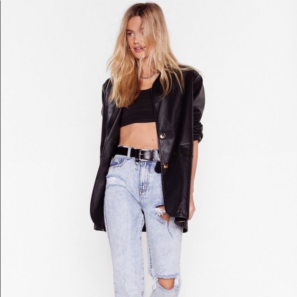 Nasty Gal Black Oversized Faux Leather Longline Blazer Size 2